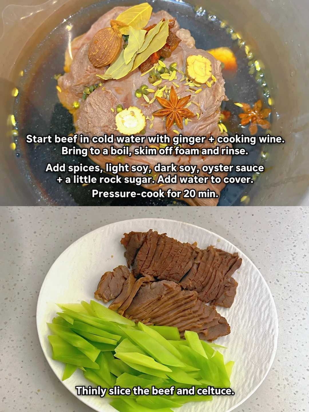 English-captioned photographs showing ingredient preparation and cooking for Braised Beef and Celtuce Stir-Fry.