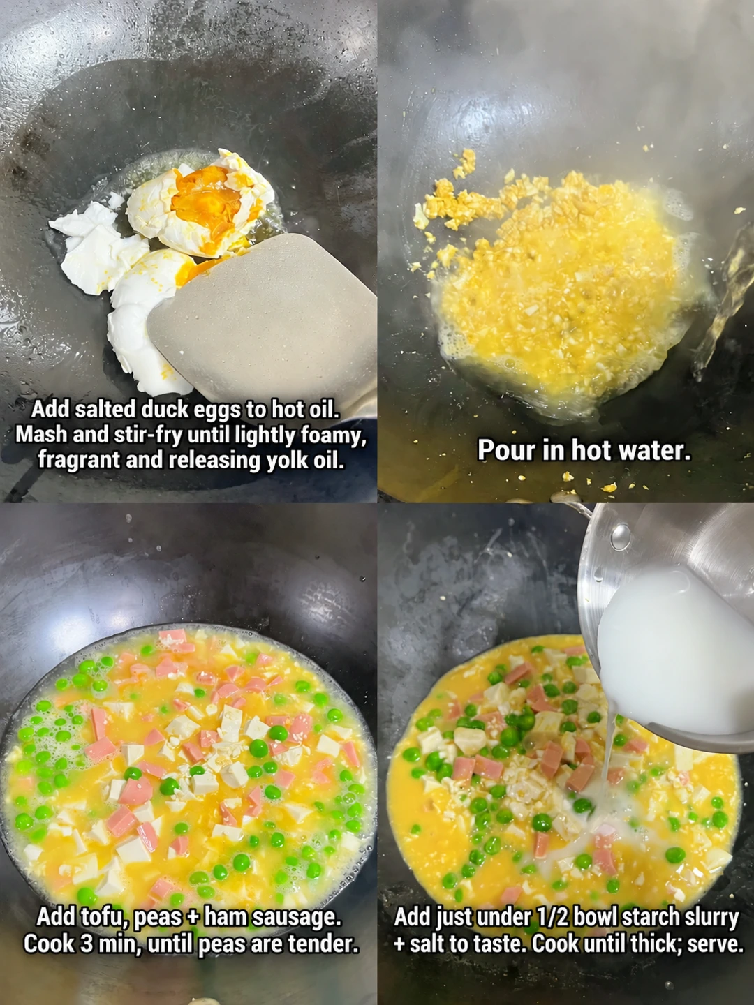 English-captioned photographs showing ingredient preparation and cooking for Tofu Soup with Salted Egg Yolk and Peas.