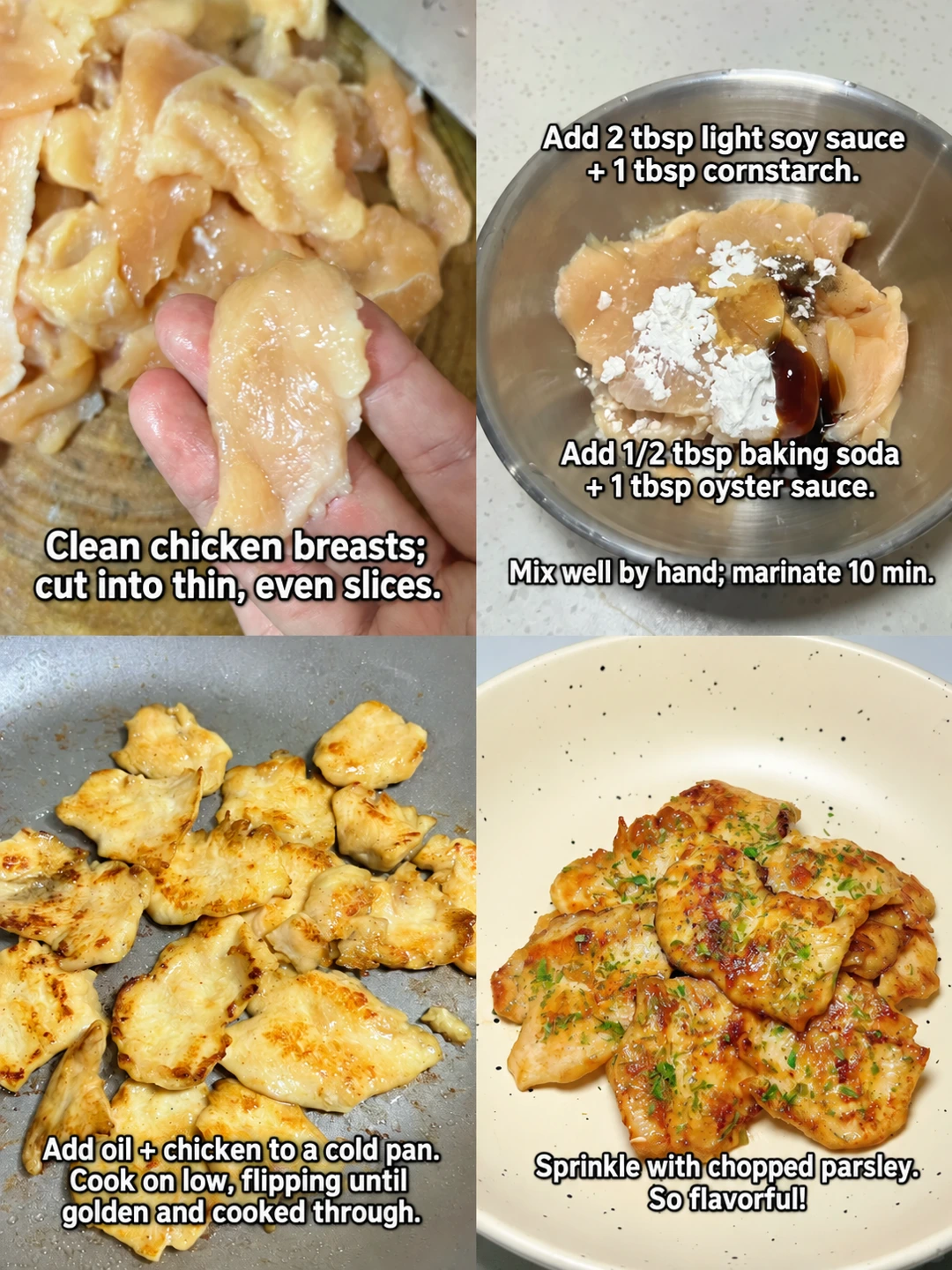 English-captioned photographs showing ingredient preparation and cooking for Pan-Fried Chicken Breast with Parsley.