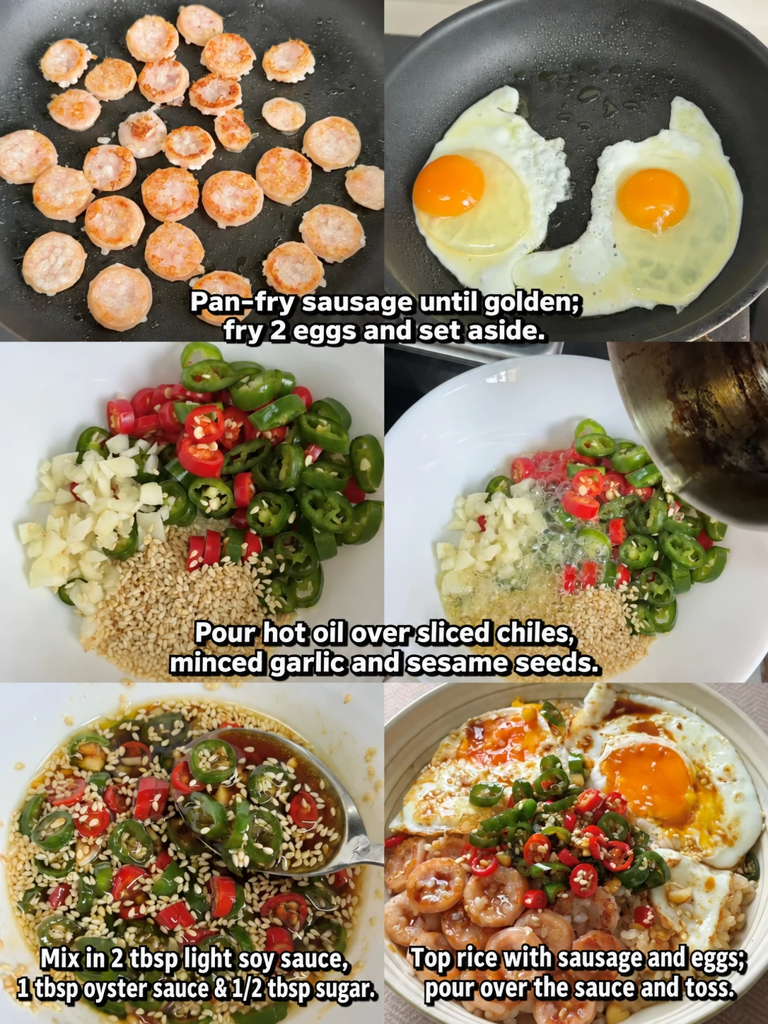 English-captioned photographs showing ingredient preparation and cooking for Northeastern-Style Sausage and Egg Rice Bowl.