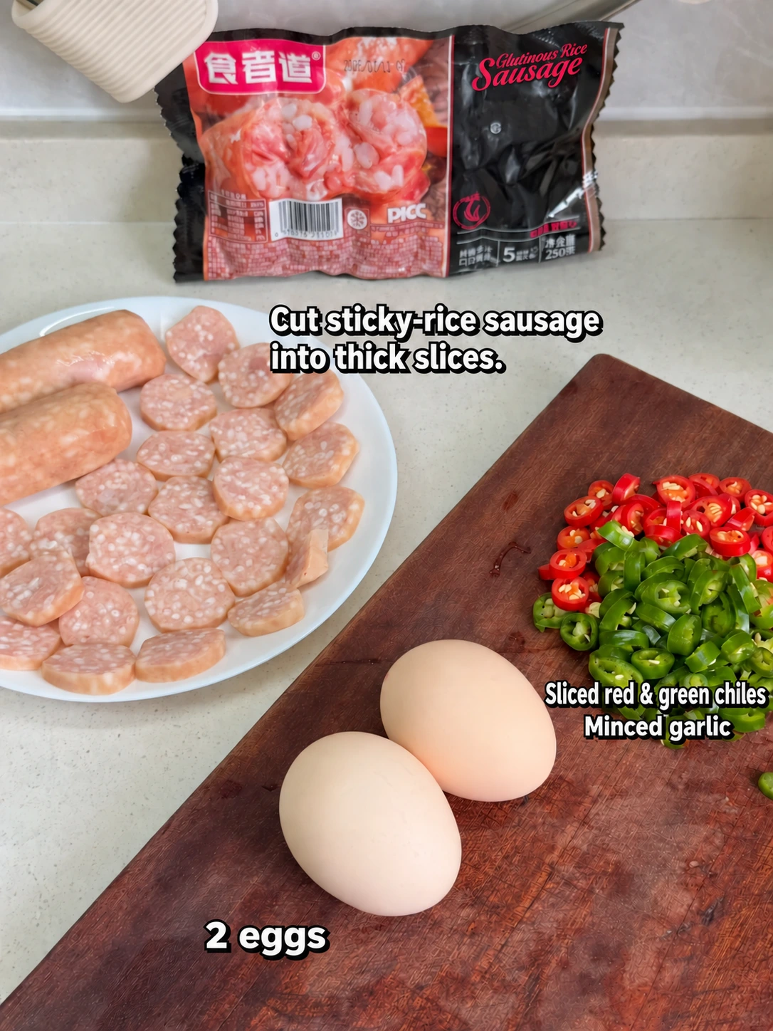 English-captioned photographs showing ingredient preparation and cooking for Northeastern-Style Sausage and Egg Rice Bowl.
