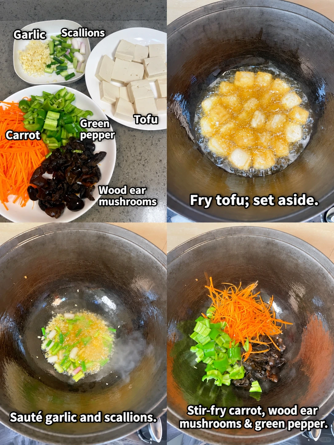 English-captioned photographs showing ingredient preparation and cooking for Tofu with Chili Bean Sauce and Vegetables.