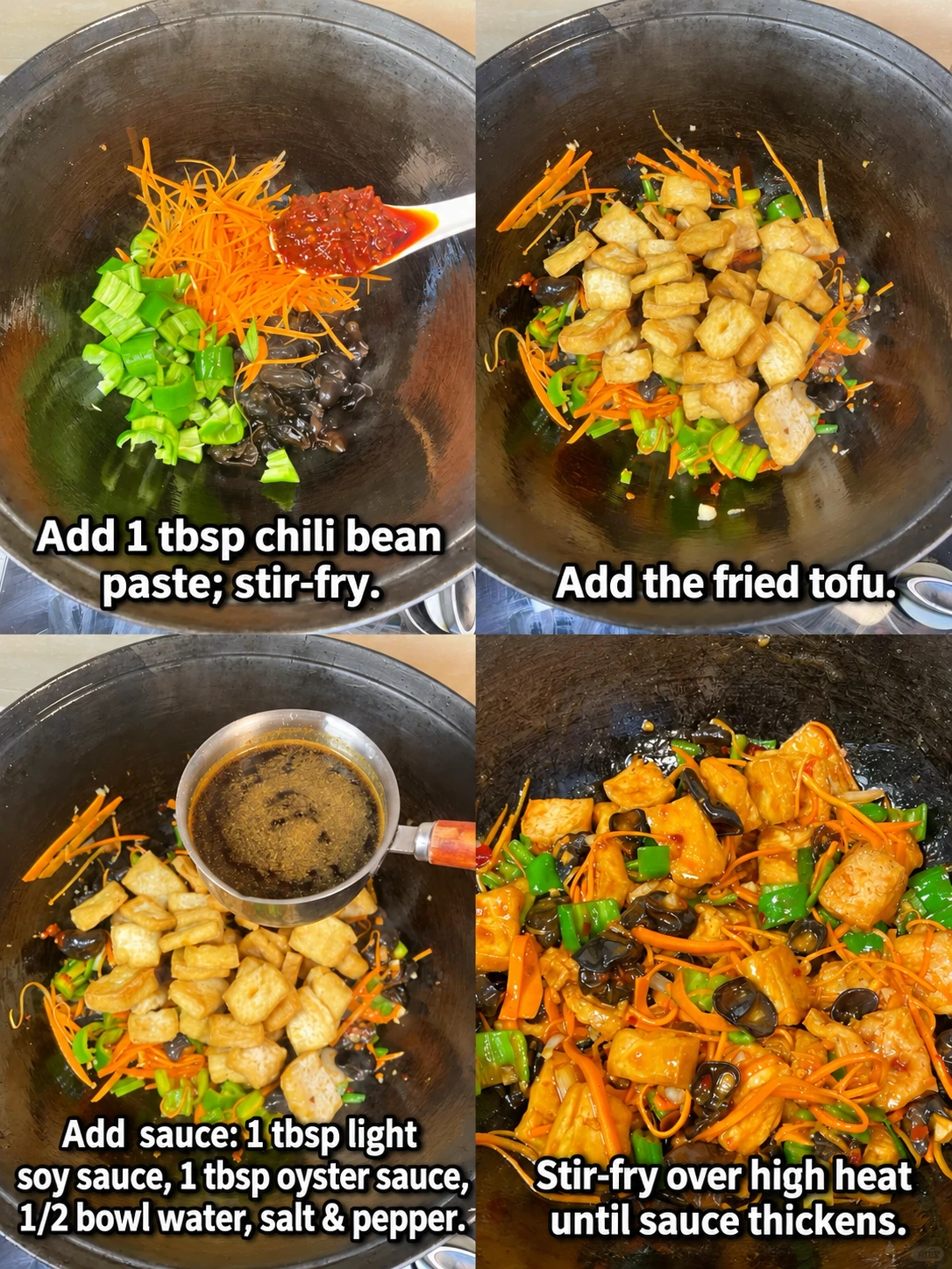 English-captioned photographs showing ingredient preparation and cooking for Tofu with Chili Bean Sauce and Vegetables.