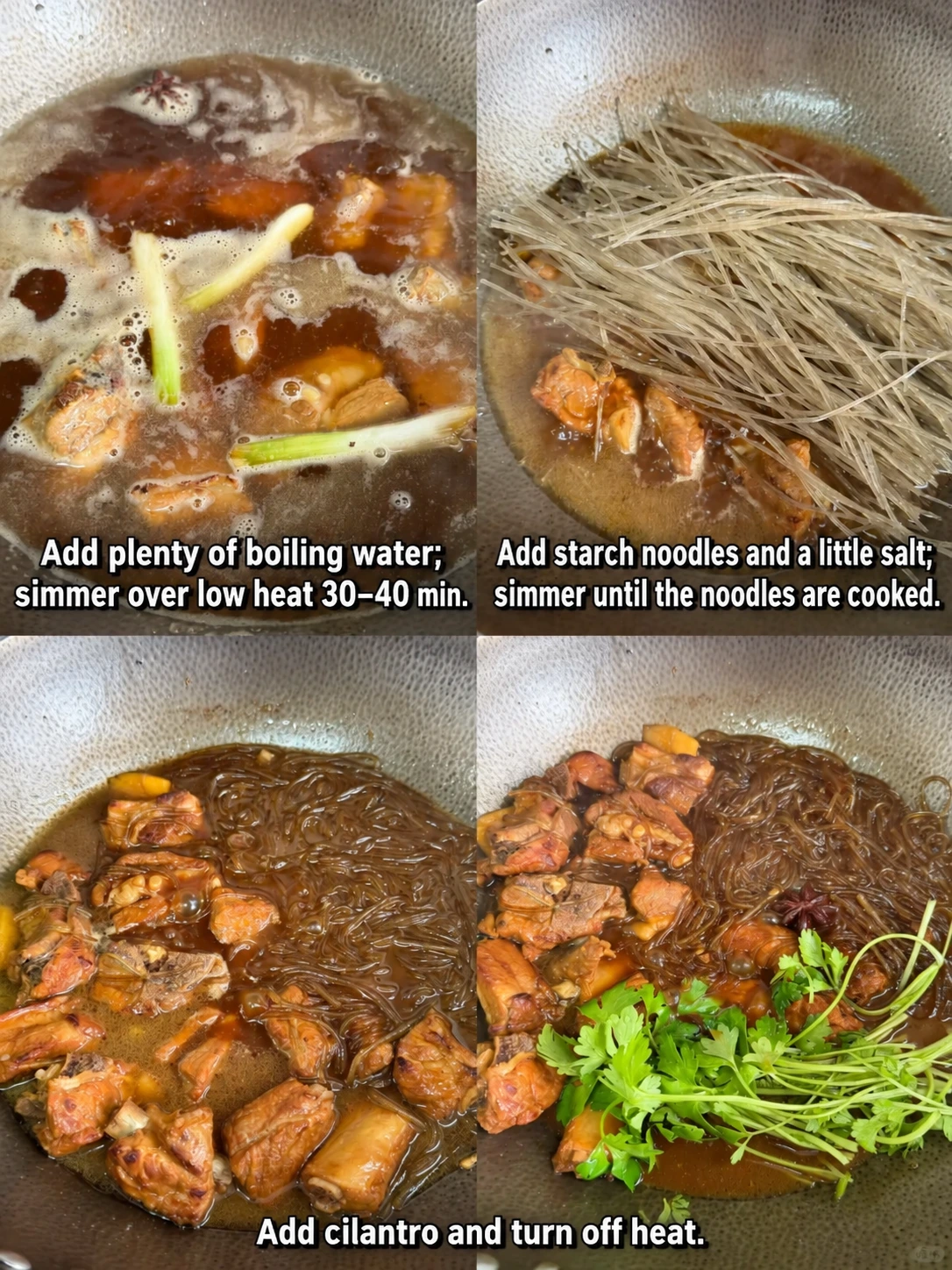 English-captioned photographs showing ingredient preparation and cooking for Braised Pork Ribs with Starch Noodles.