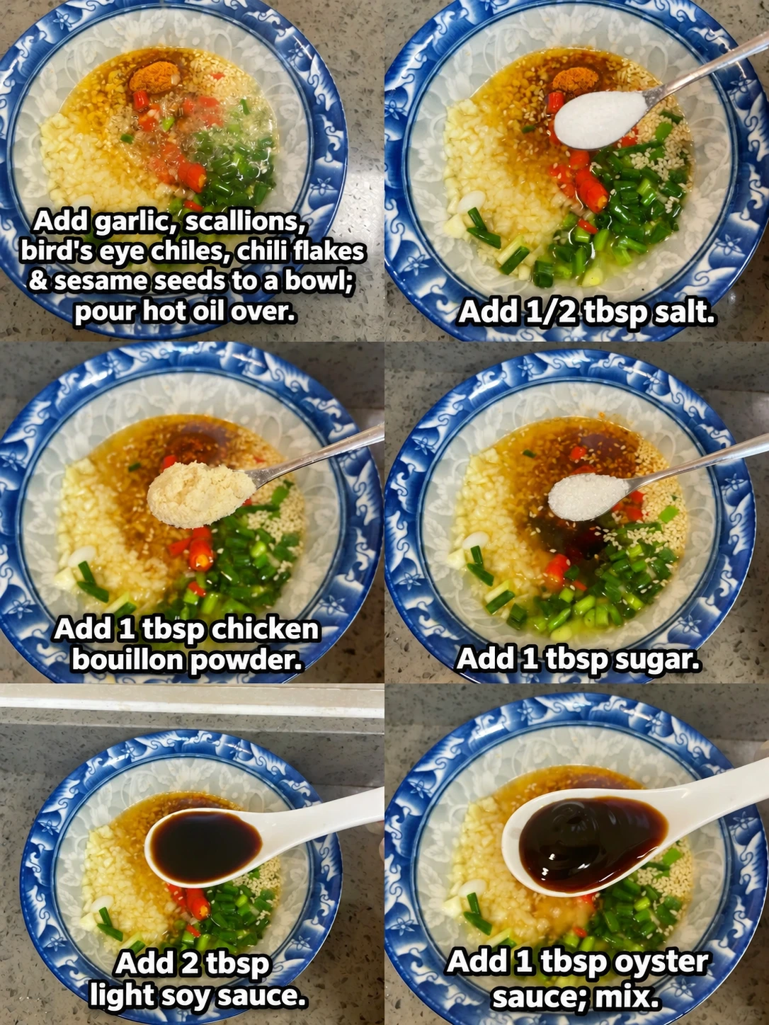 English-captioned photographs showing ingredient preparation and cooking for Shredded Chicken with Lemon and Chile Dressing.