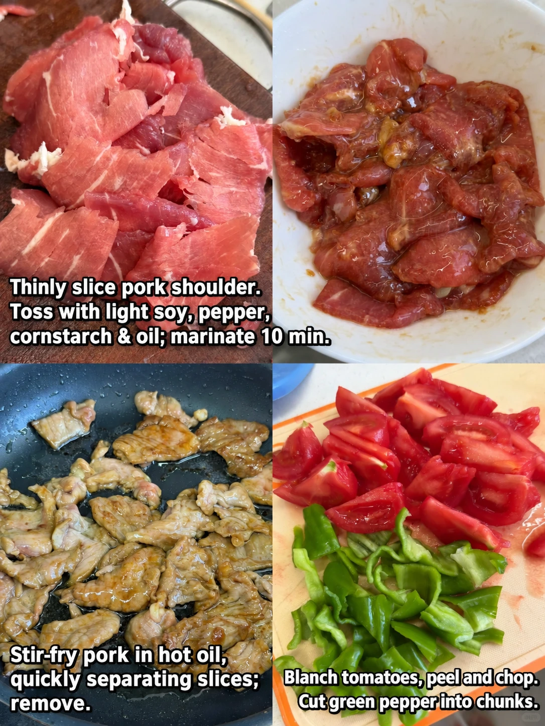 English-captioned photographs showing ingredient preparation and cooking for Tomato and Pork Rice Bowl.
