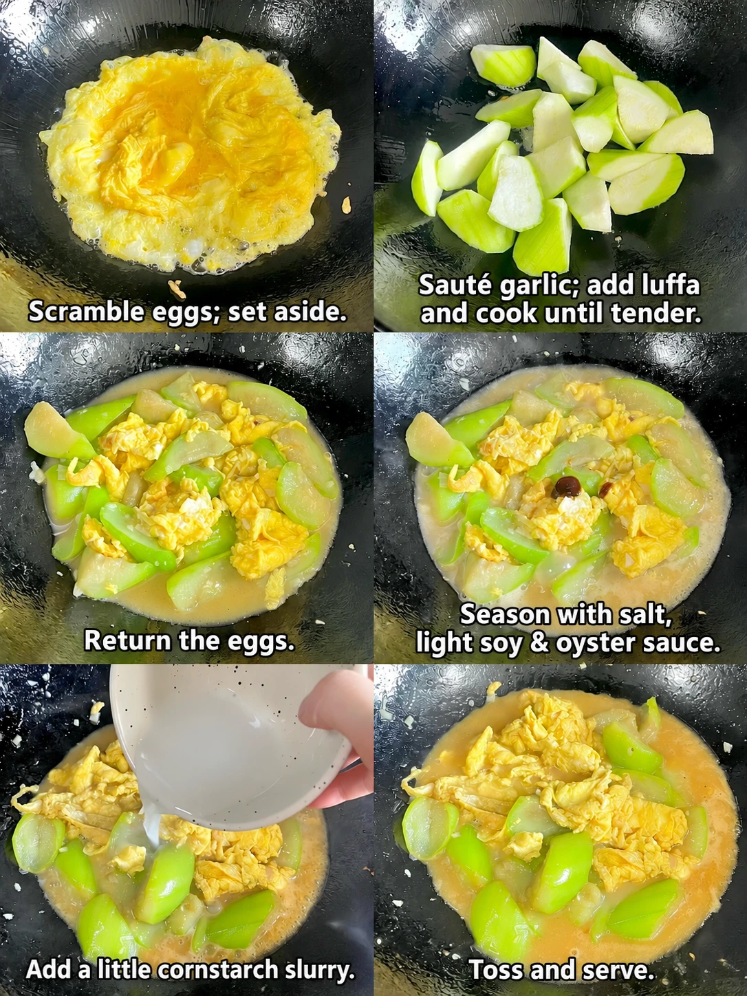 English-captioned photographs showing ingredient preparation and cooking for Luffa and Egg Stir-Fry.