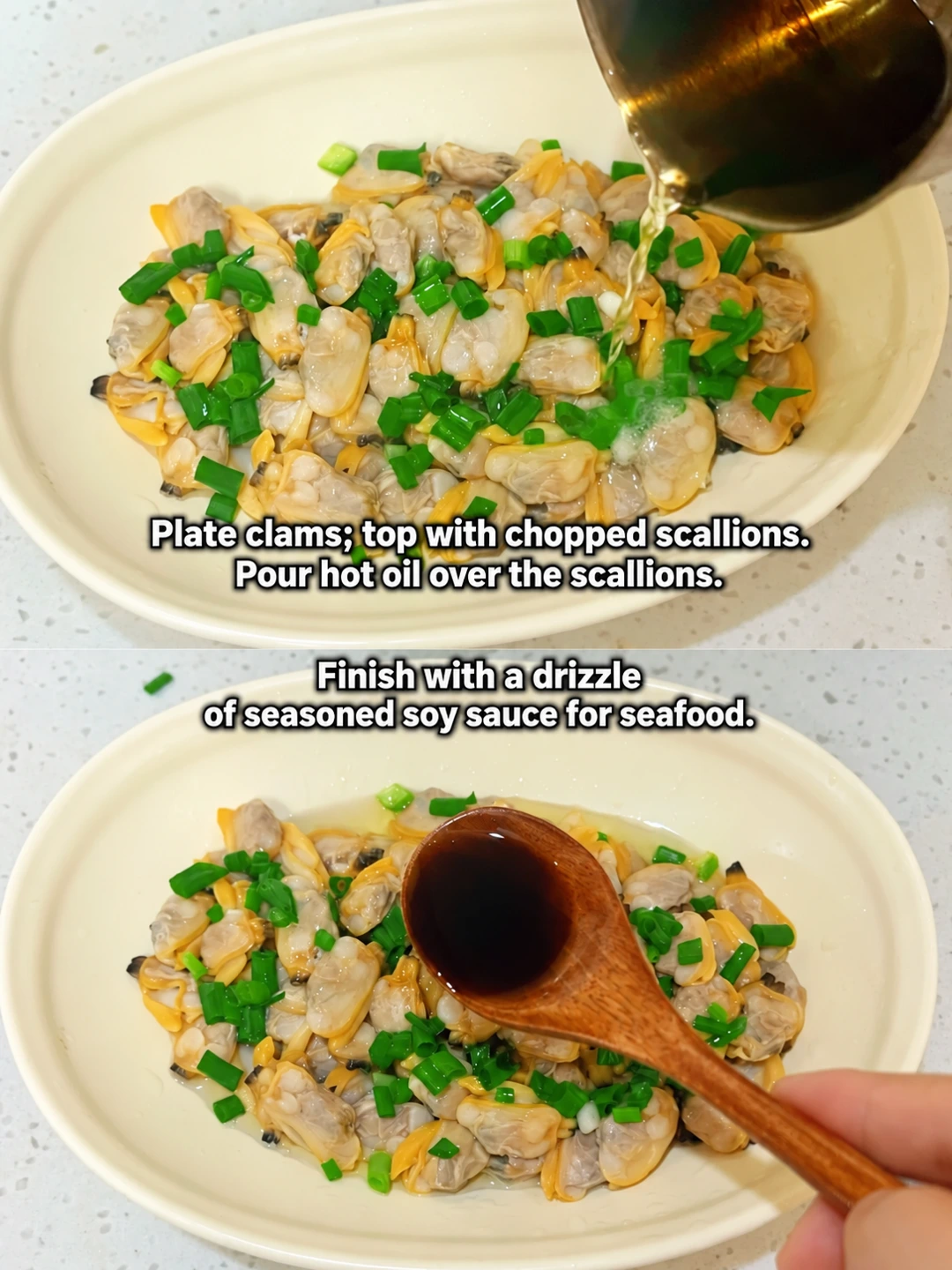 English-captioned photographs showing ingredient preparation and cooking for Clams with Hot Scallion Oil.