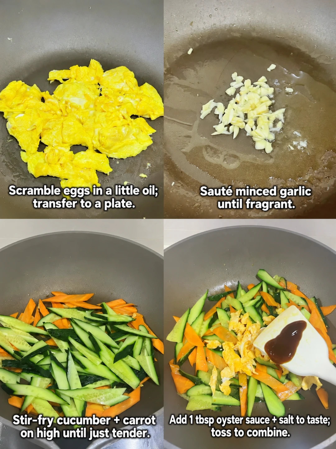 English-captioned photographs showing ingredient preparation and cooking for Cucumber Carrot and Egg Stir-Fry.