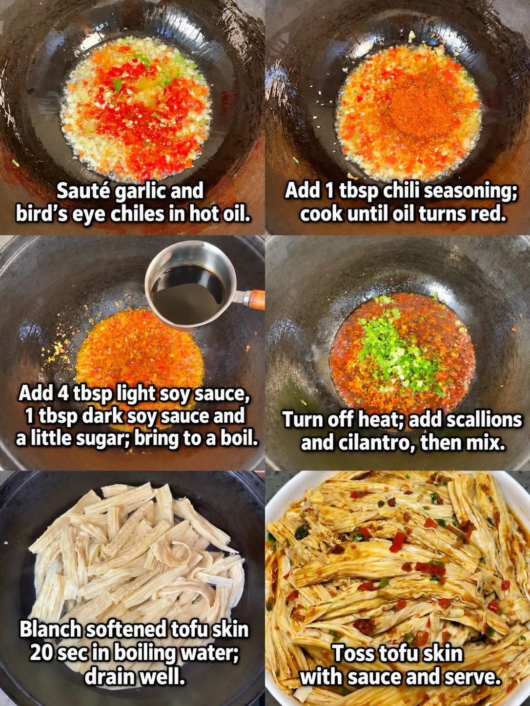English-captioned photographs showing ingredient preparation and cooking for Spicy Tofu Skin Salad.