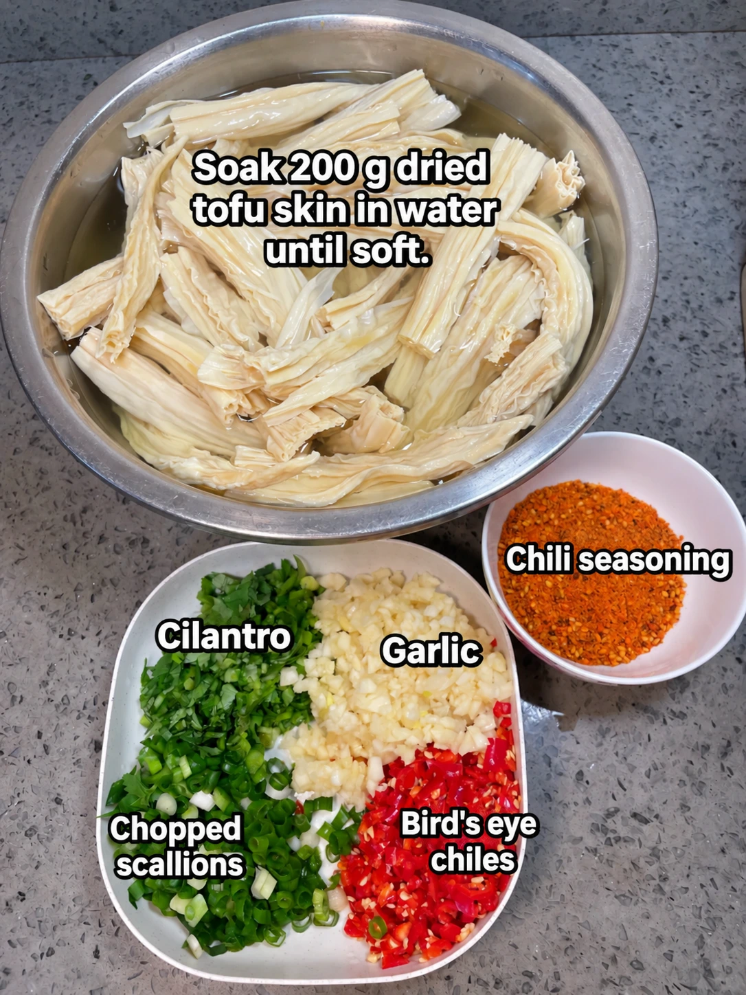 English-captioned photographs showing ingredient preparation and cooking for Spicy Tofu Skin Salad.