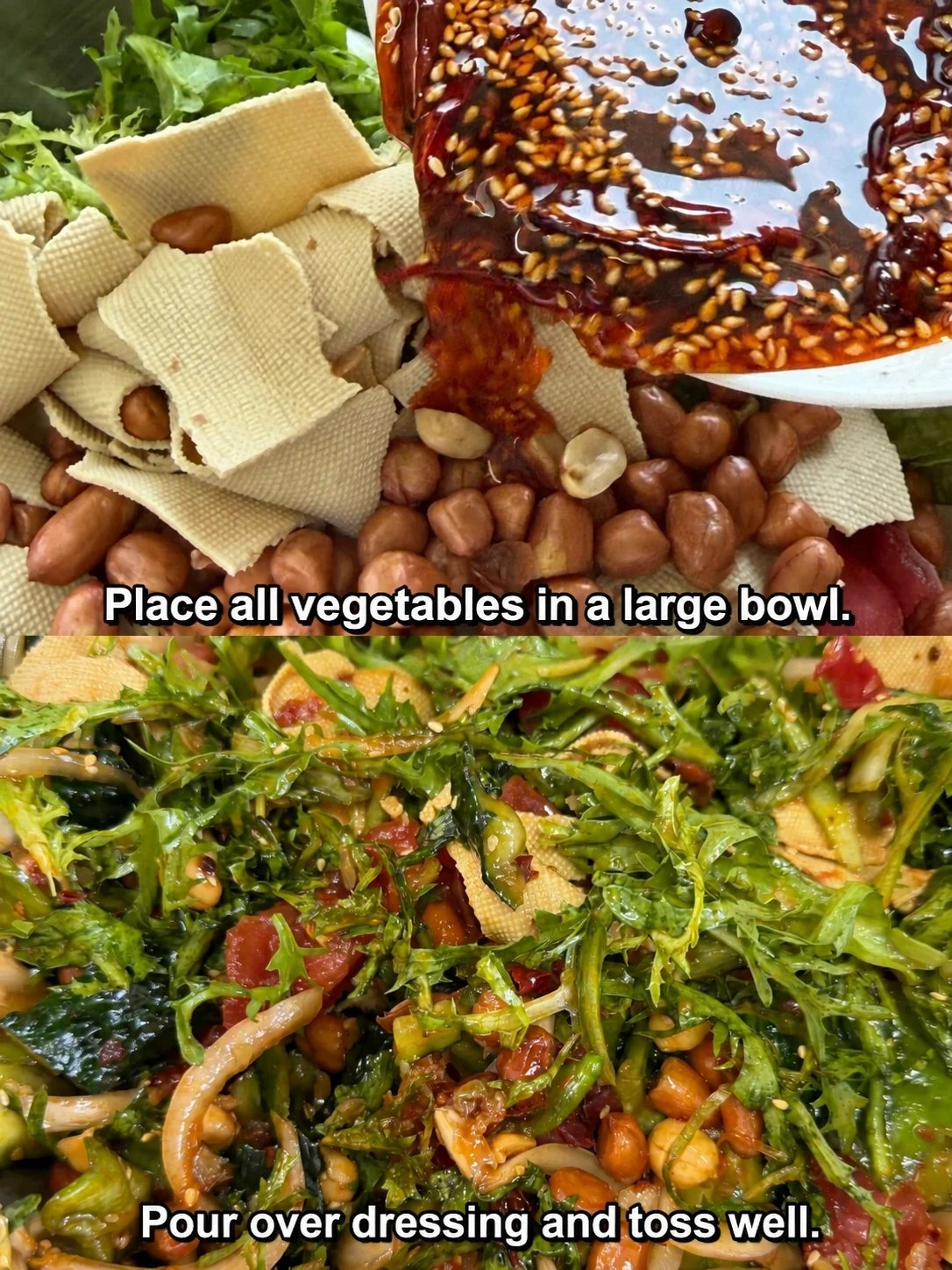 English-captioned photographs showing ingredient preparation and cooking for Northeastern Mixed Vegetable Salad.