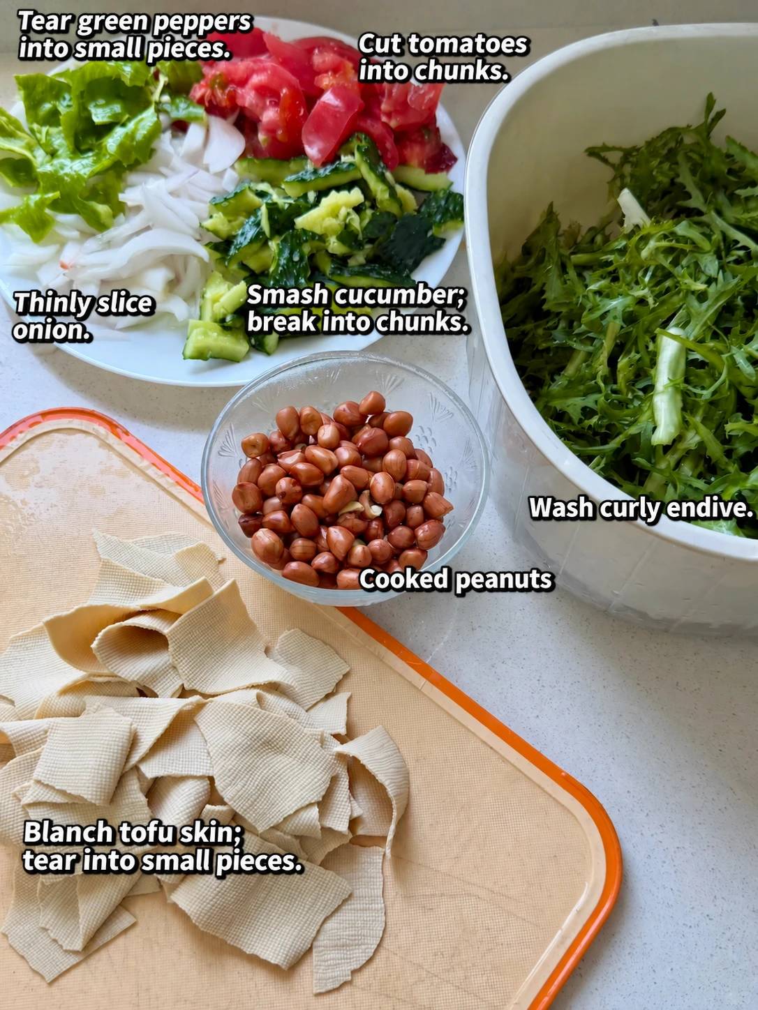 English-captioned photographs showing ingredient preparation and cooking for Northeastern Mixed Vegetable Salad.