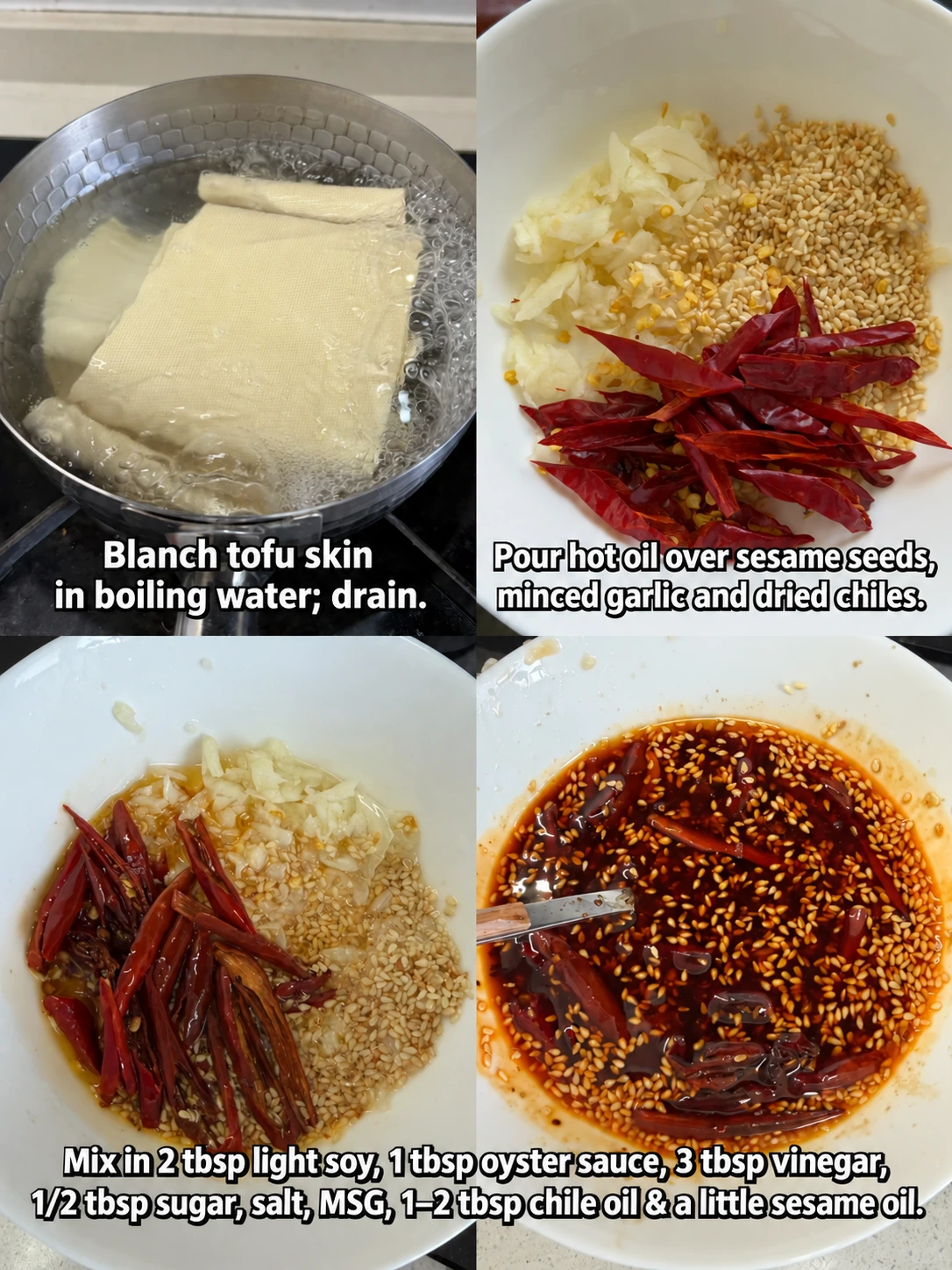 English-captioned photographs showing ingredient preparation and cooking for Northeastern Mixed Vegetable Salad.