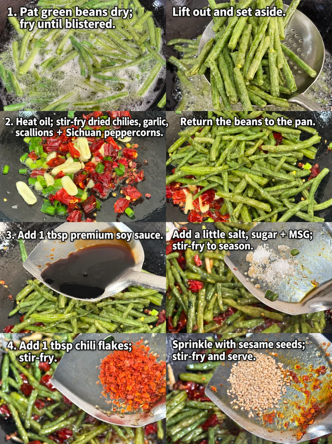 English-captioned photographs showing ingredient preparation and cooking for Dry-Fried Green Beans with Chiles.
