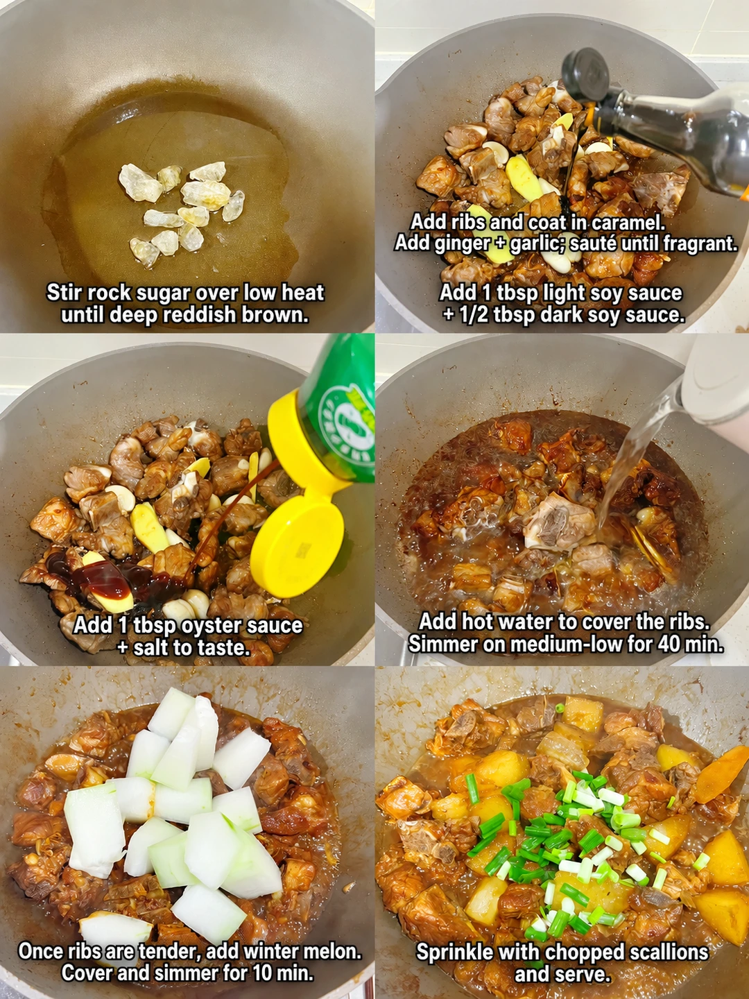 English-captioned photographs showing ingredient preparation and cooking for Braised Pork Ribs with Winter Melon.