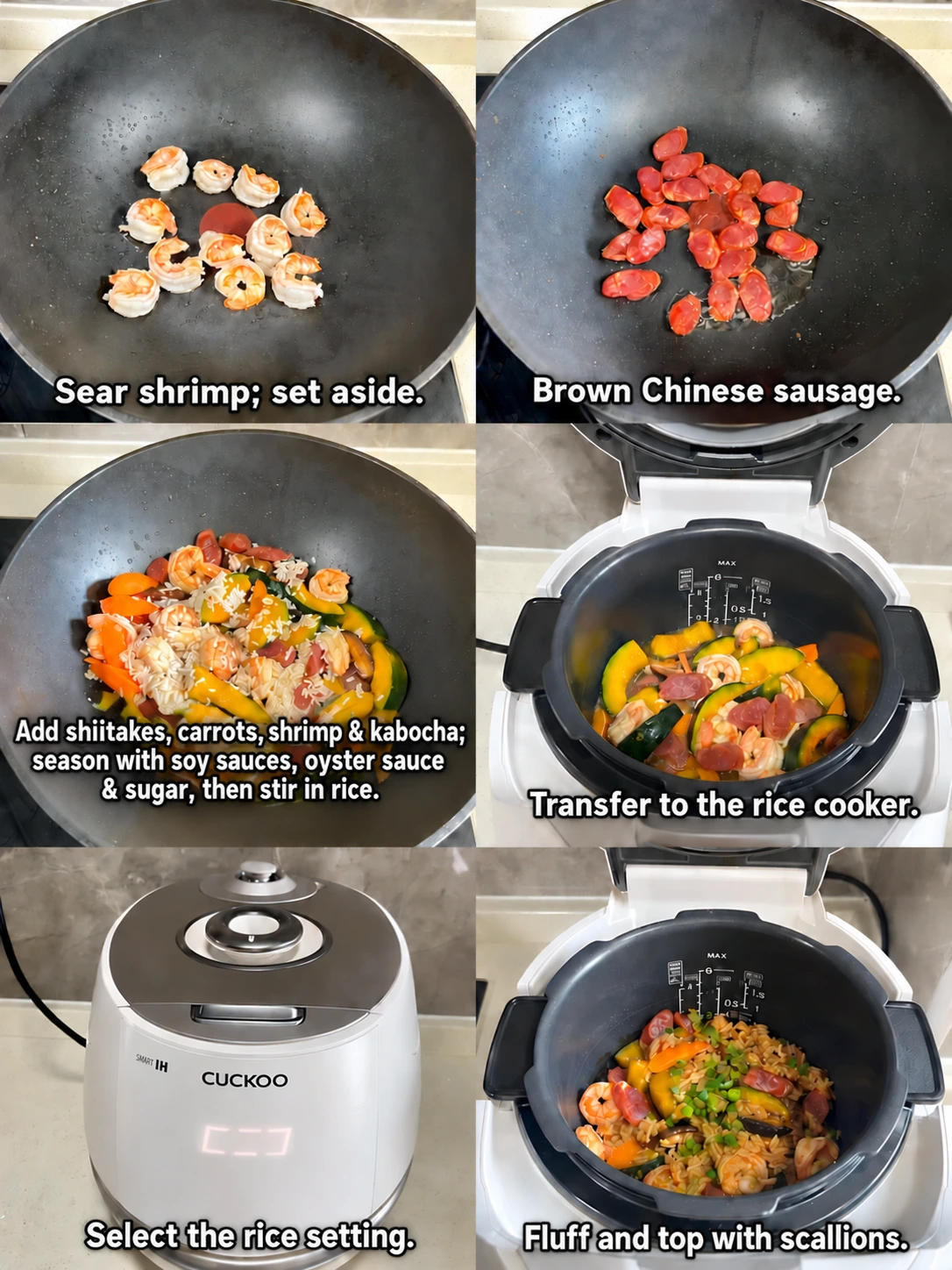 English-captioned photographs showing ingredient preparation and cooking for Rice Cooker Rice with Chinese Sausage, Pumpkin and Shrimp.