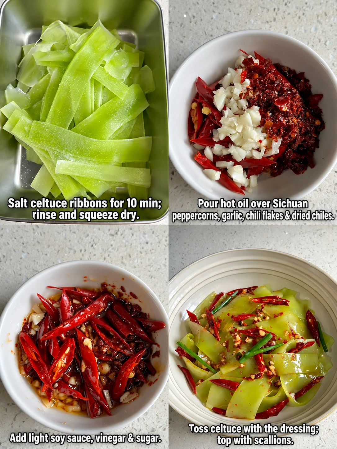 English-captioned photographs showing ingredient preparation and cooking for Celtuce Salad with Sichuan Pepper Dressing.