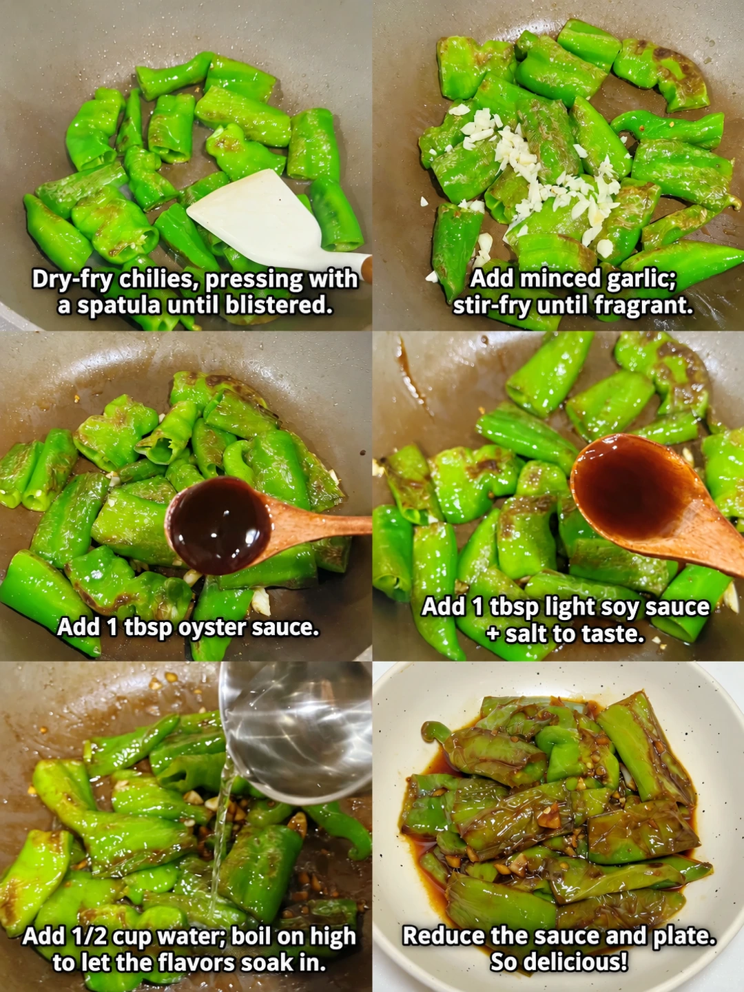 English-captioned photographs showing ingredient preparation and cooking for Blistered Green Peppers with Garlic Sauce.