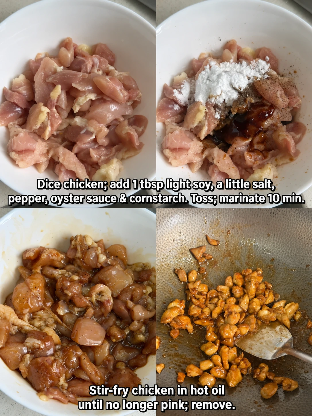 English-captioned photographs showing ingredient preparation and cooking for Cucumber and Chicken Rice Bowl.