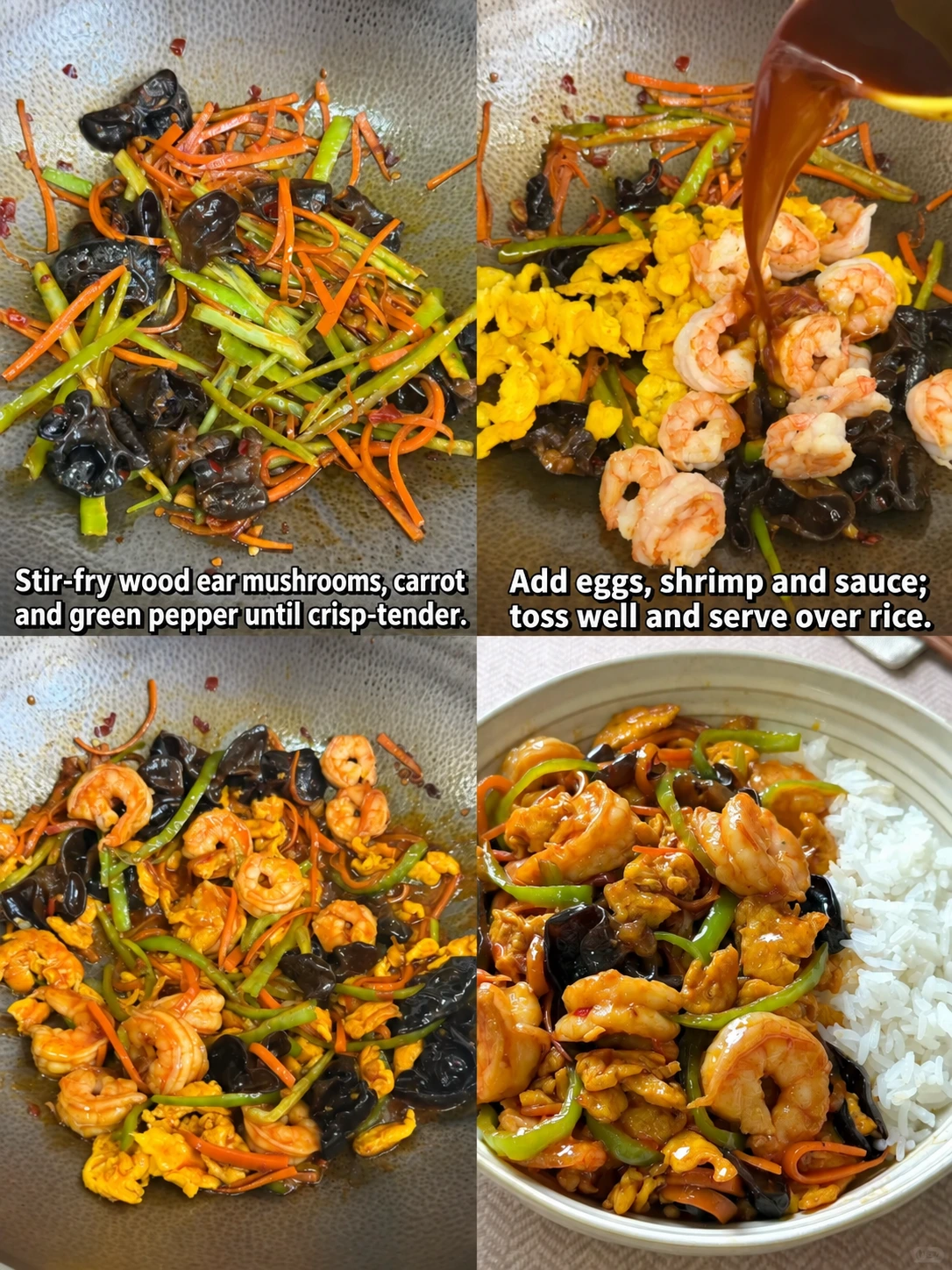 English-captioned photographs showing ingredient preparation and cooking for Shrimp and Egg Rice Bowl with Chile Bean Sauce.