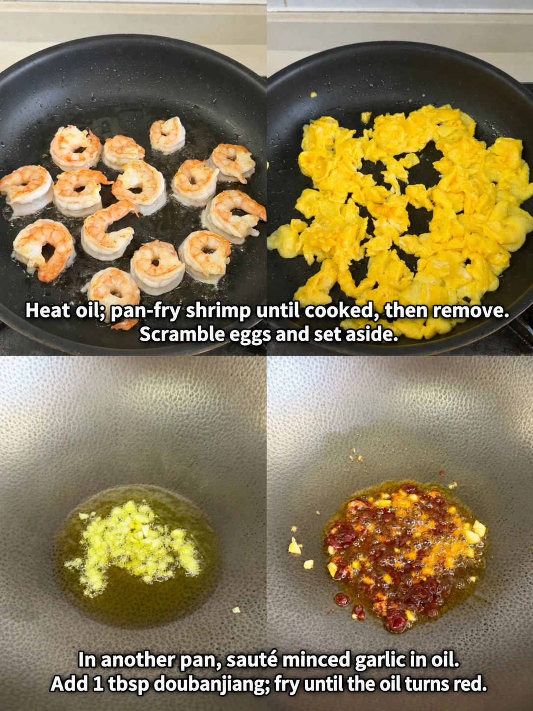English-captioned photographs showing ingredient preparation and cooking for Shrimp and Egg Rice Bowl with Chile Bean Sauce.