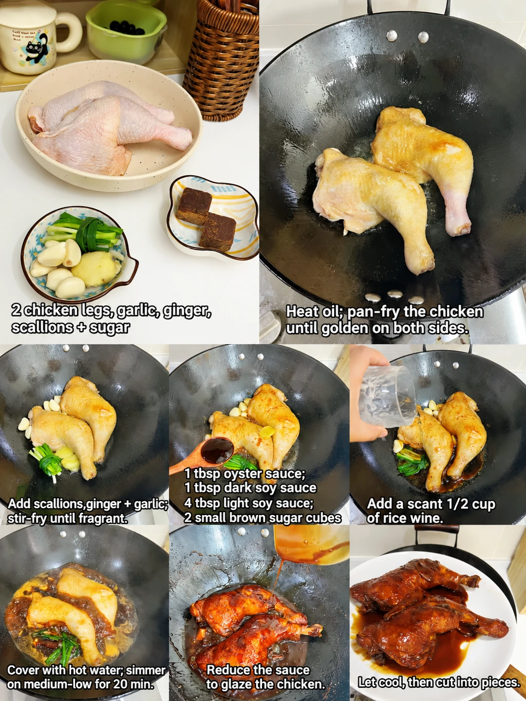 English-captioned photographs showing ingredient preparation and cooking for Soy-Braised Chicken Legs.