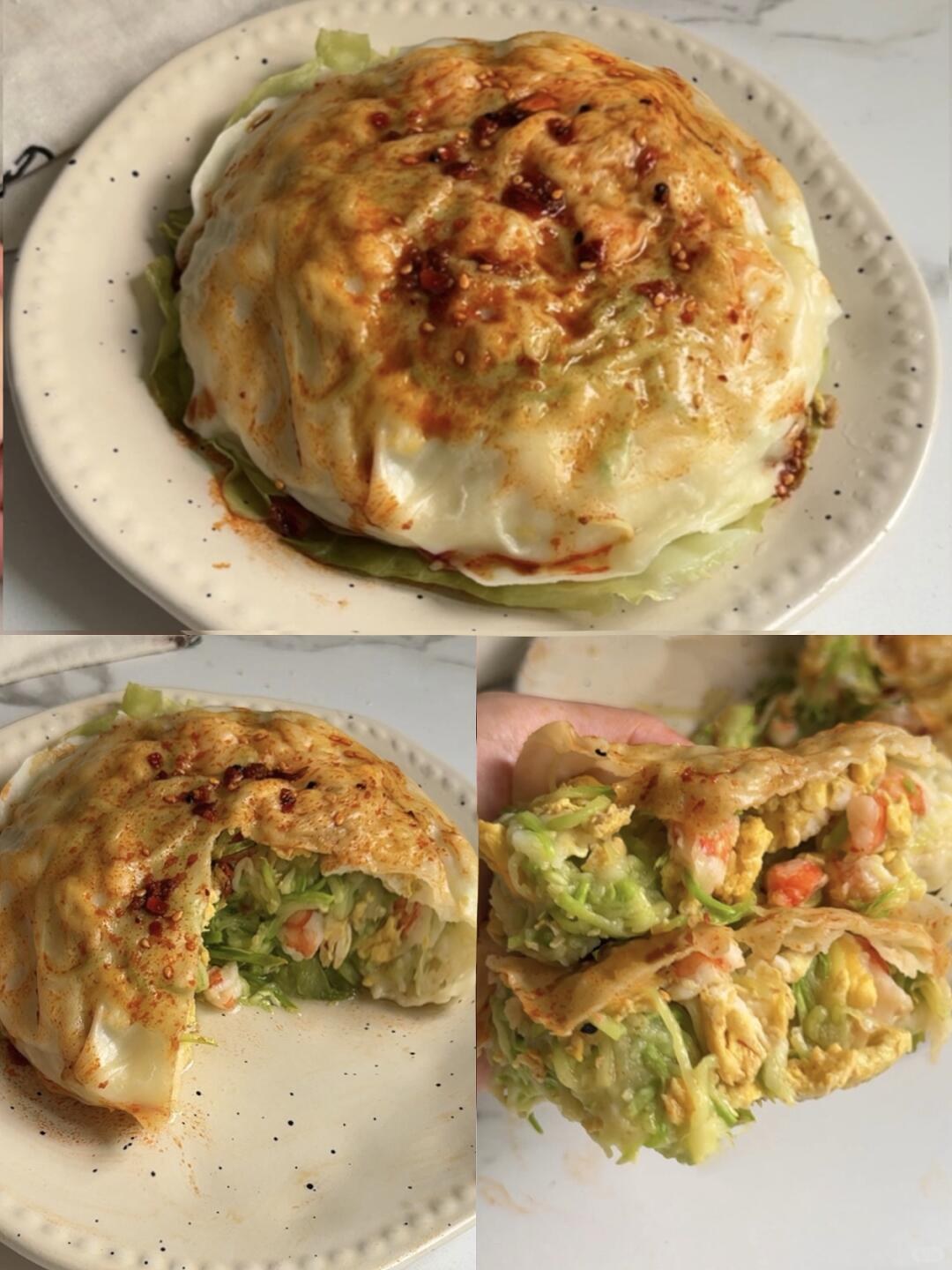 A round layered dumpling cake and a cut piece revealing a green vegetable and egg filling.