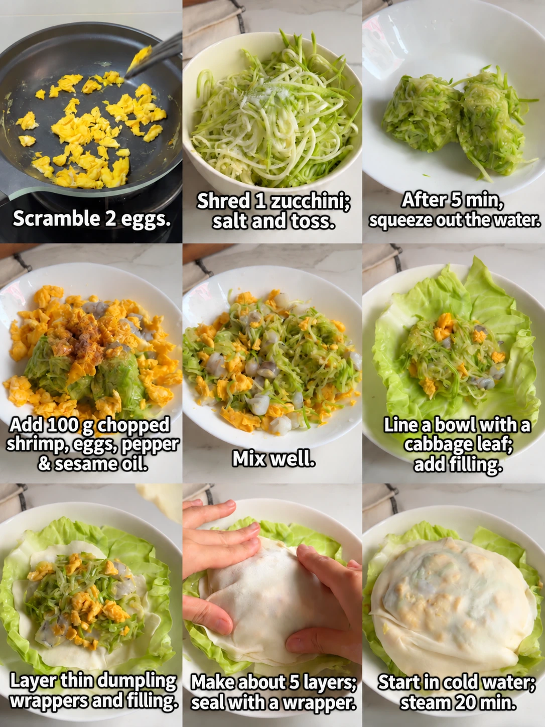 English-captioned photographs showing ingredient preparation and cooking for Layered Zucchini, Shrimp and Egg Dumpling Cake.