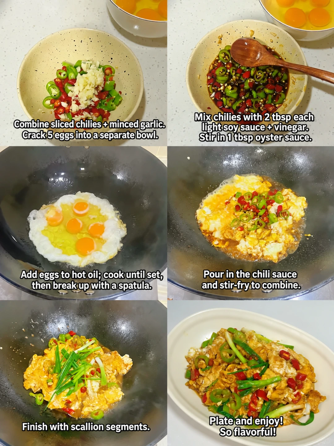 English-captioned photographs showing ingredient preparation and cooking for Fried Eggs with Vinegar and Chiles.