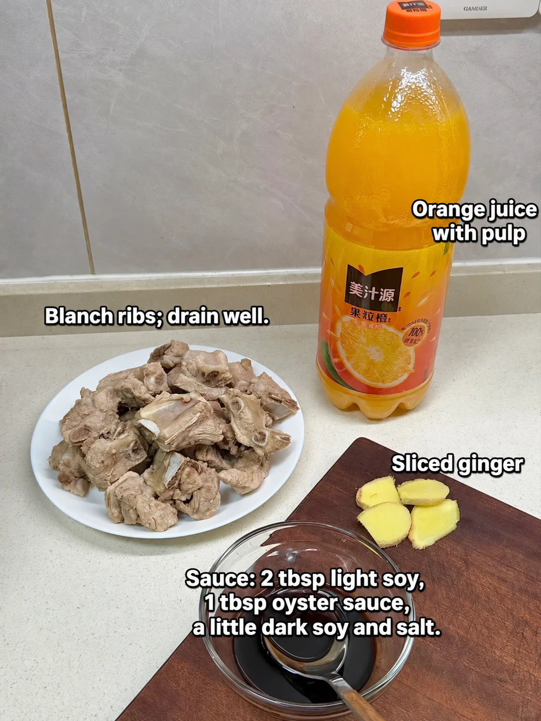 English-captioned photographs showing ingredient preparation and cooking for Orange Drink Braised Pork Ribs.