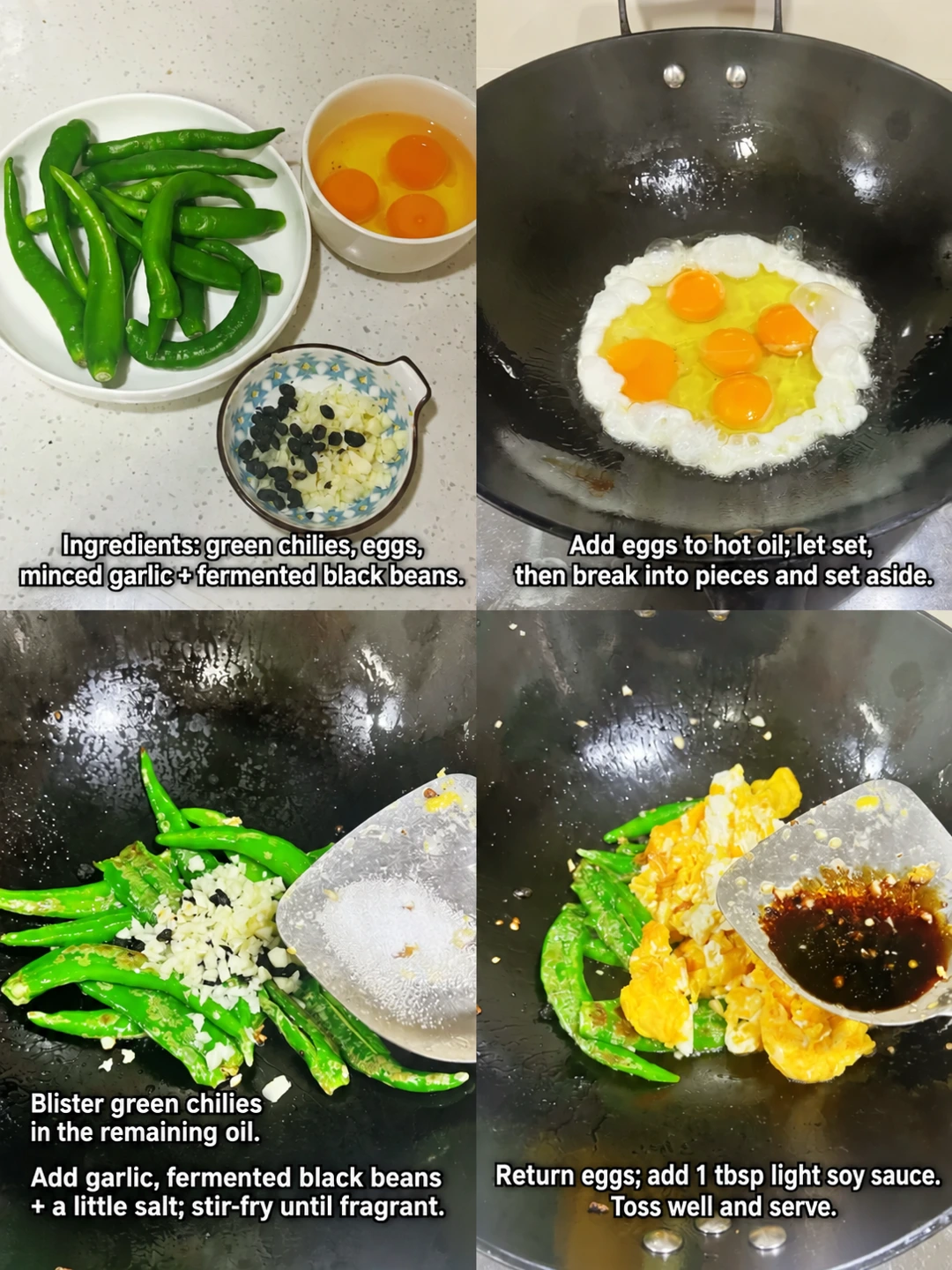 English-captioned photographs showing ingredient preparation and cooking for Pan-Fried Eggs with Blistered Green Chiles.