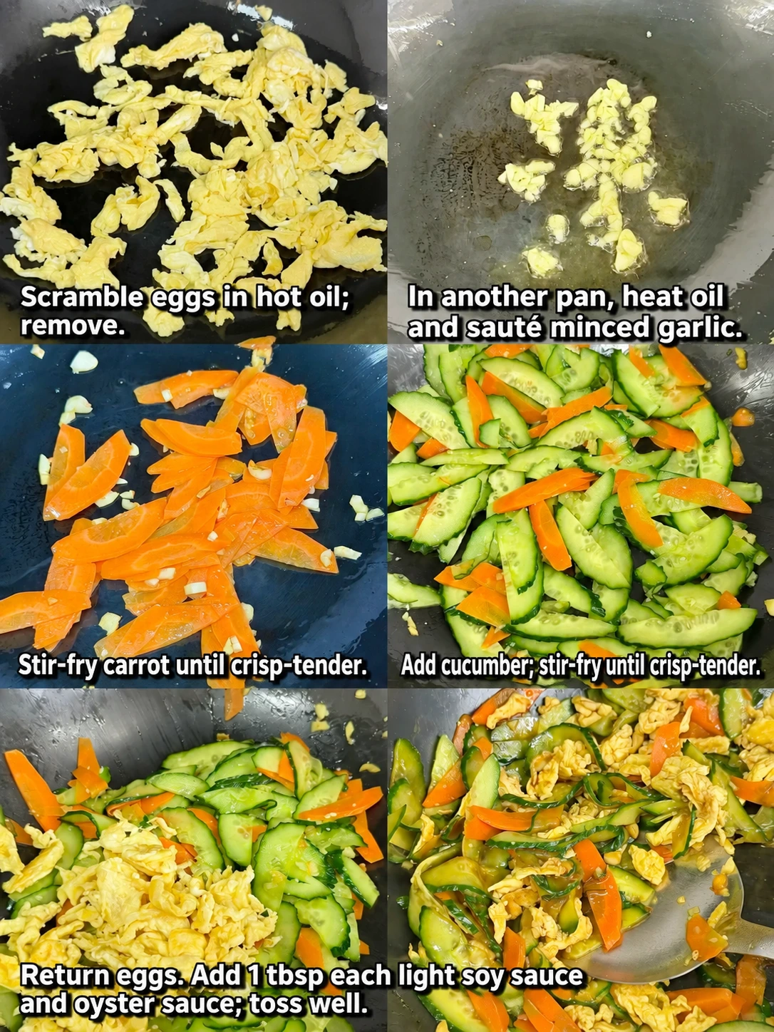 English-captioned photographs showing ingredient preparation and cooking for Cucumber and Egg Rice Bowl.