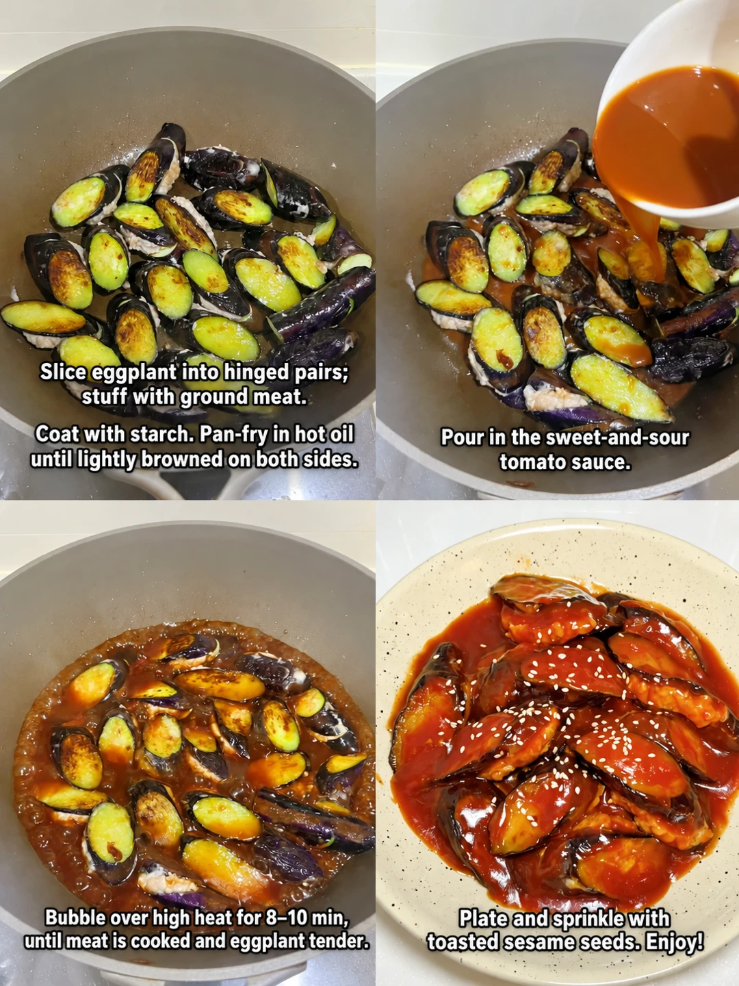 English-captioned photographs showing ingredient preparation and cooking for Sweet and Sour Pork-Stuffed Eggplant.