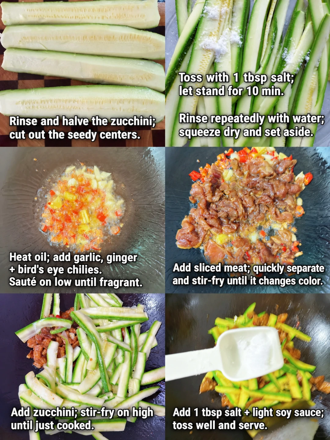 English-captioned photographs showing ingredient preparation and cooking for Zucchini and Pork Stir-Fry.