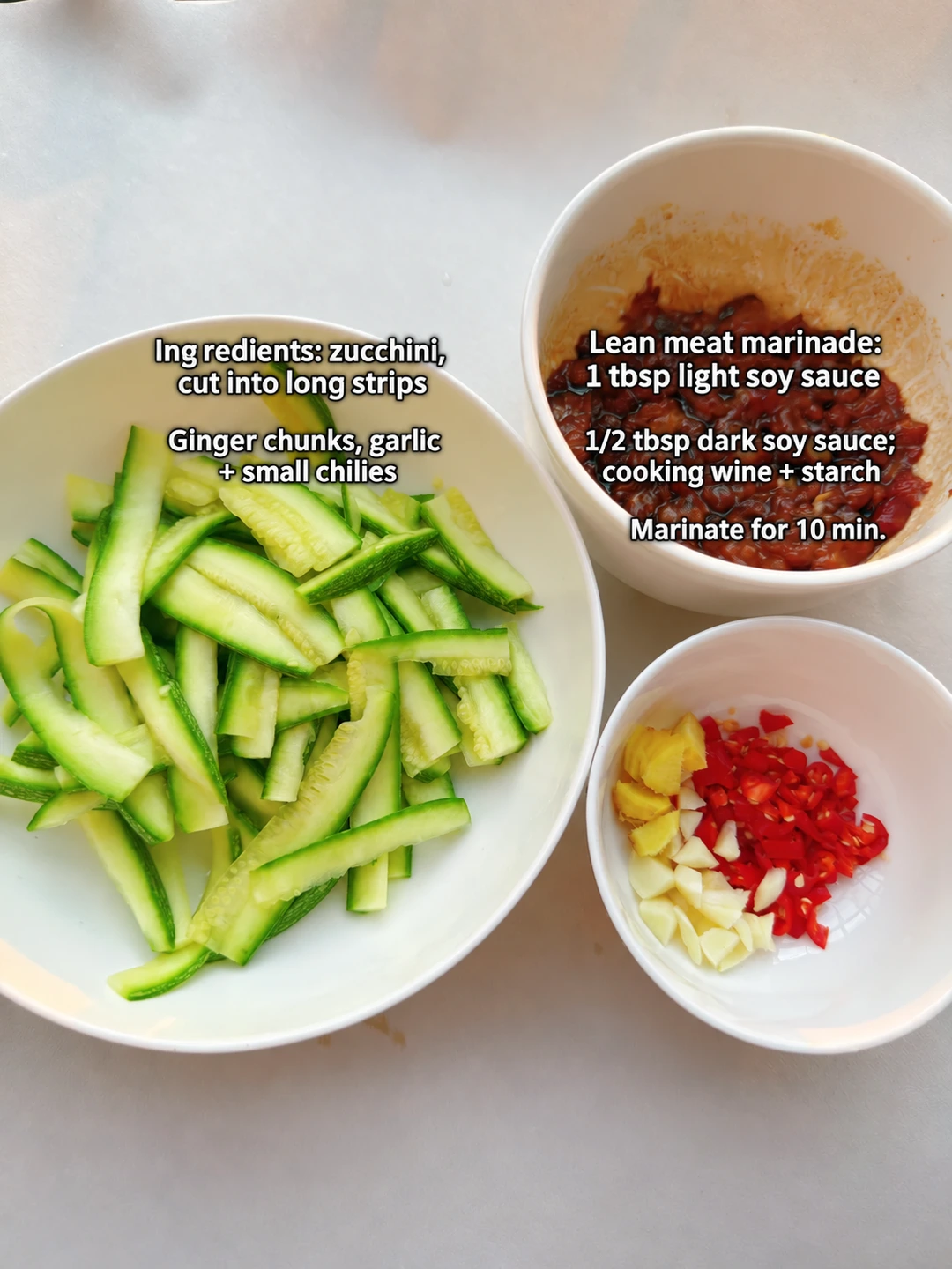 English-captioned photographs showing ingredient preparation and cooking for Zucchini and Pork Stir-Fry.