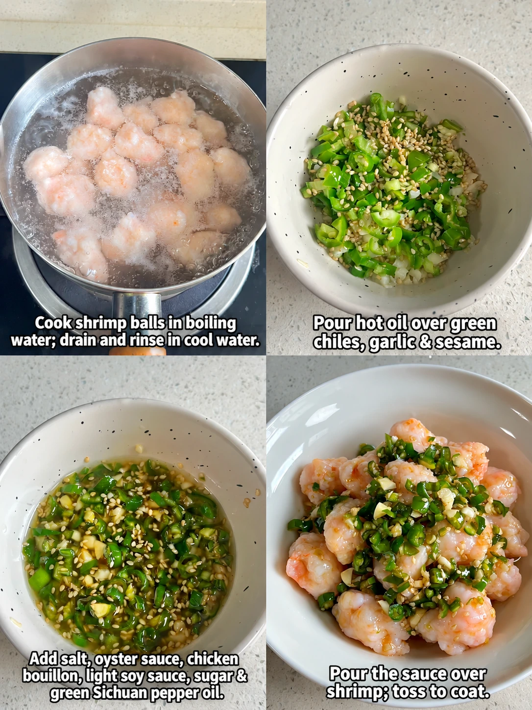 English-captioned photographs showing ingredient preparation and cooking for Shrimp Paste Balls with Peppercorn Dressing.
