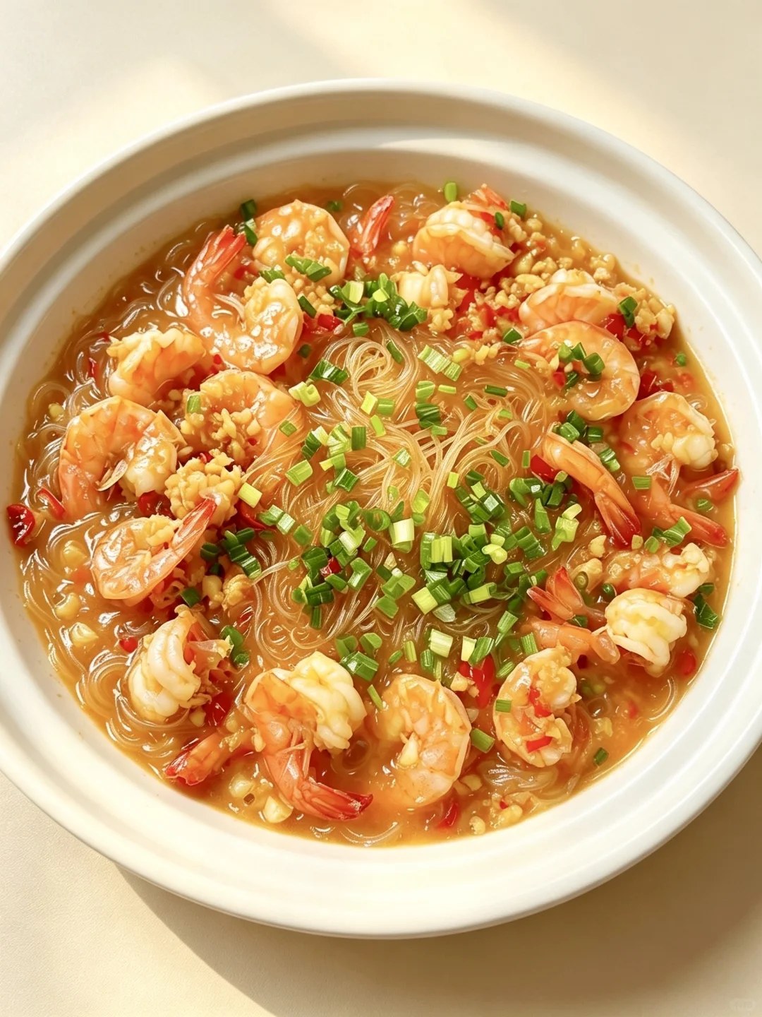 Whole shrimp over fine glass noodles with garlic and chopped scallions.
