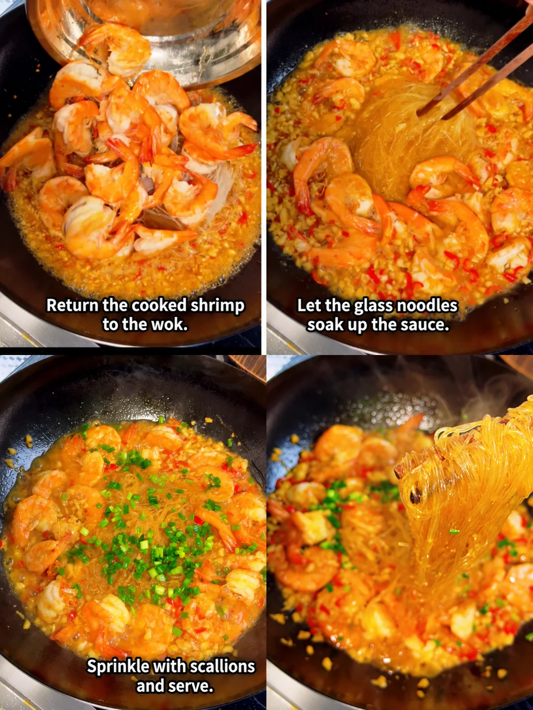English-captioned photographs showing ingredient preparation and cooking for Garlic Shrimp and Glass Noodles.