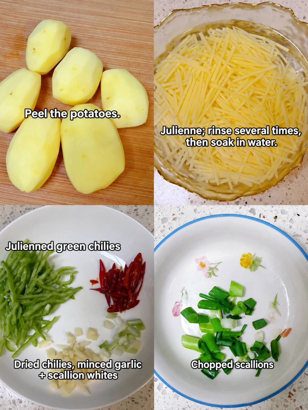 English-captioned photographs showing ingredient preparation and cooking for Hot and Sour Shredded Potatoes.