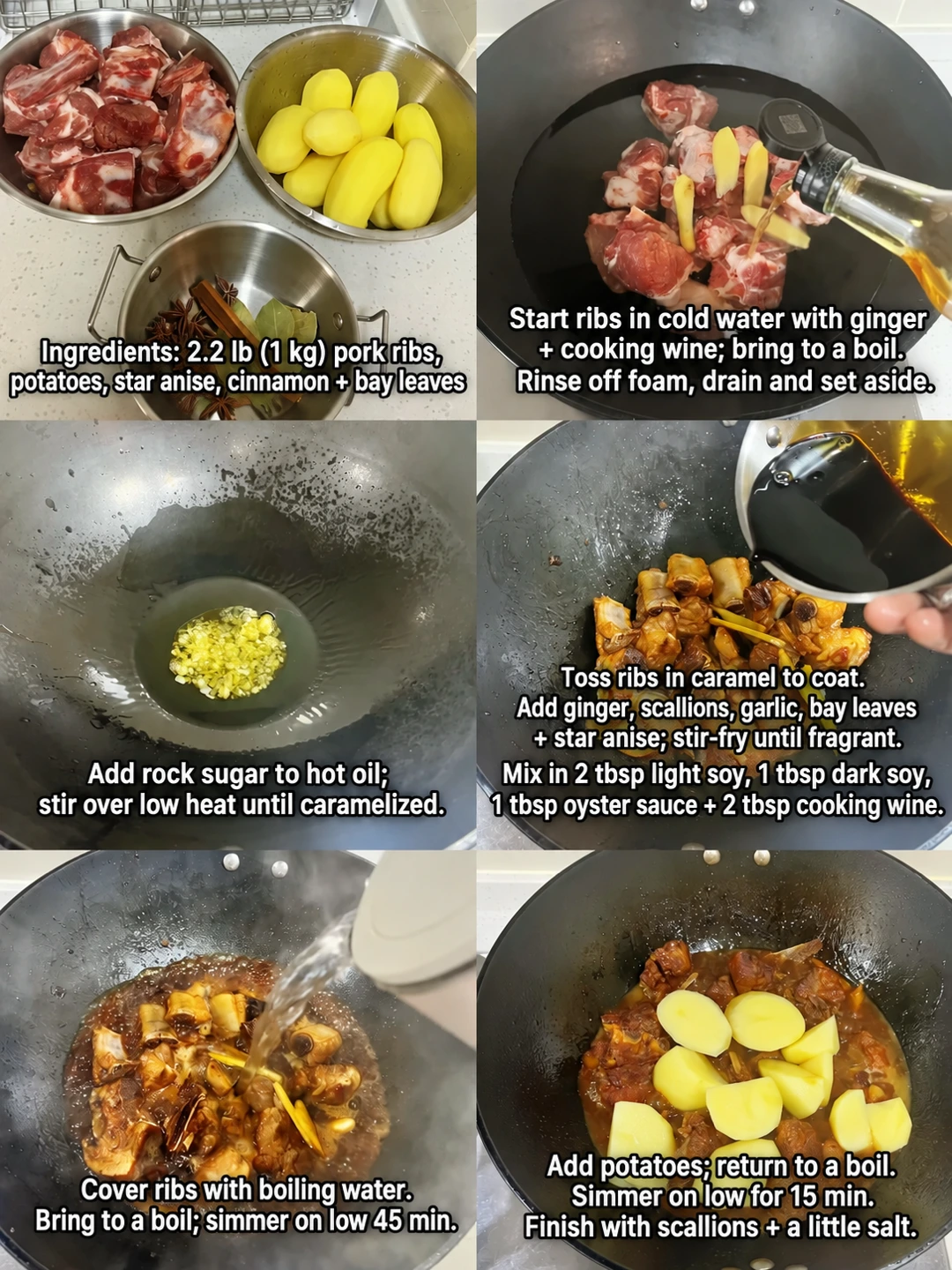 English-captioned photographs showing ingredient preparation and cooking for Braised Pork Ribs with Potatoes and Carrot.