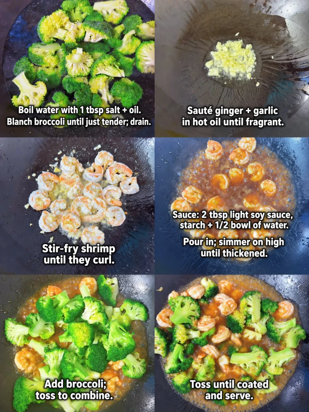 English-captioned photographs showing ingredient preparation and cooking for Shrimp and Broccoli Stir-Fry.