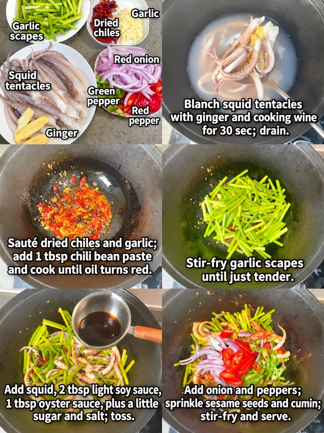 English-captioned photographs showing ingredient preparation and cooking for Squid Tentacles with Garlic Scapes.