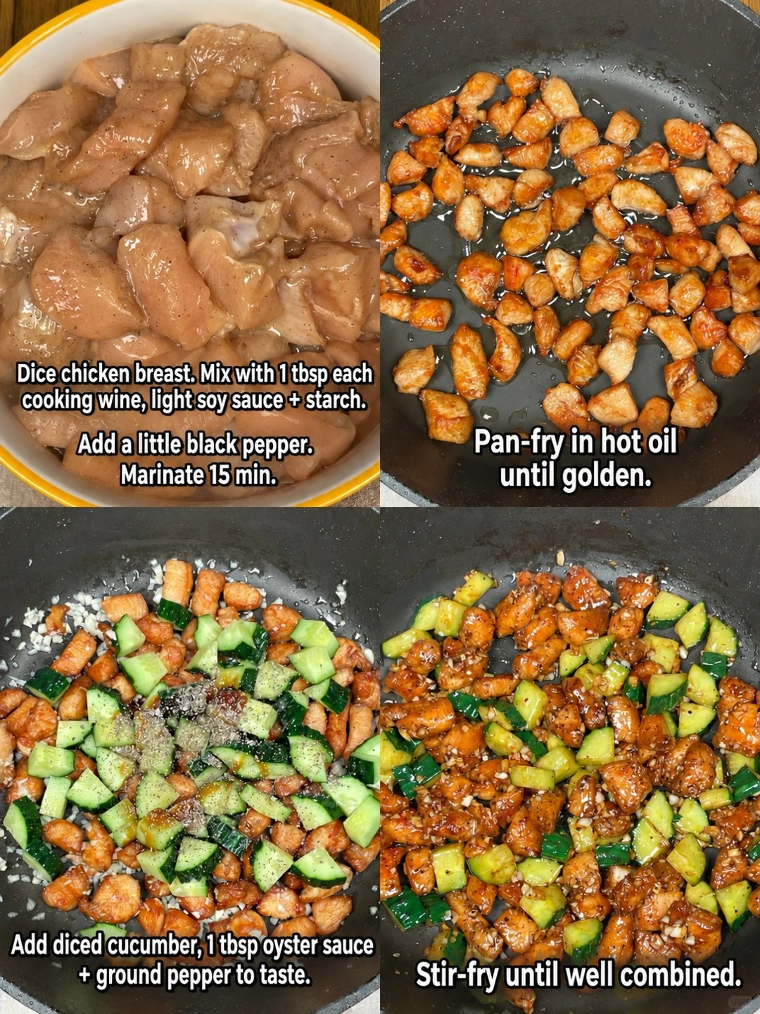 English-captioned photographs showing ingredient preparation and cooking for Black Pepper Chicken and Cucumber.