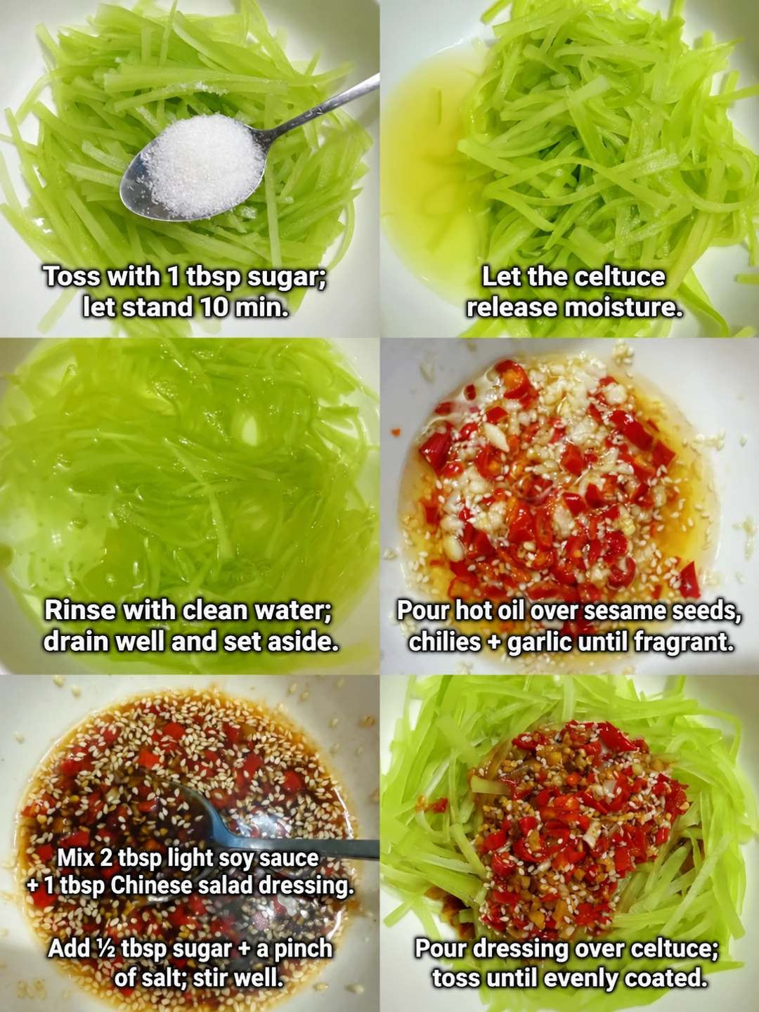 English-captioned photographs showing ingredient preparation and cooking for Shredded Celtuce Salad.
