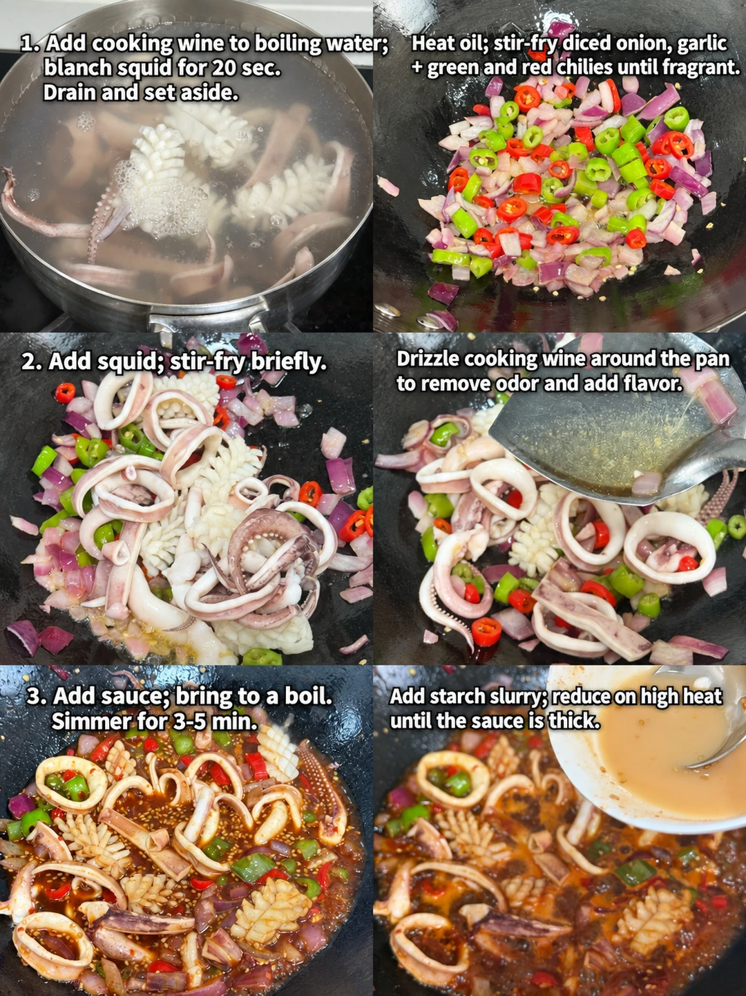 English-captioned photographs showing ingredient preparation and cooking for Korean-Style Spicy Squid Stir-Fry.