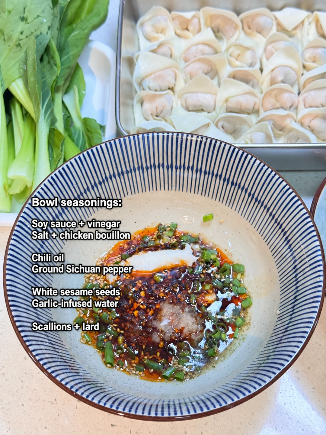 English-captioned photographs showing ingredient preparation and cooking for Pork Wontons in Chili Oil Sauce.