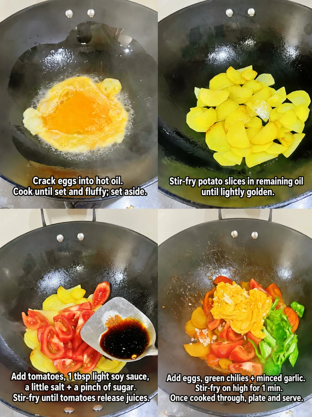 English-captioned photographs showing ingredient preparation and cooking for Tomato Potato and Egg Stir-Fry.