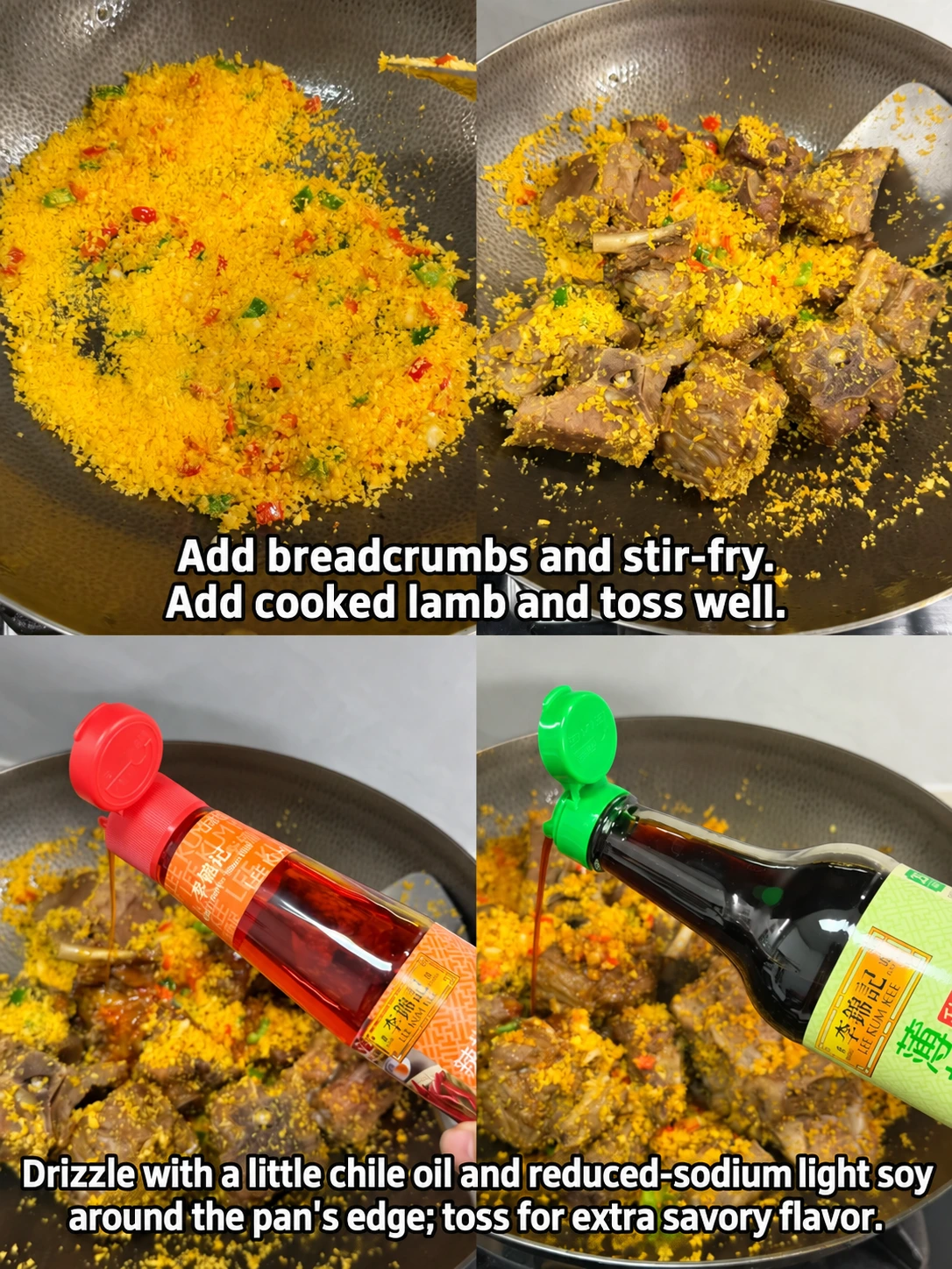 English-captioned photographs showing ingredient preparation and cooking for Typhoon Shelter-Style Lamb Spine.