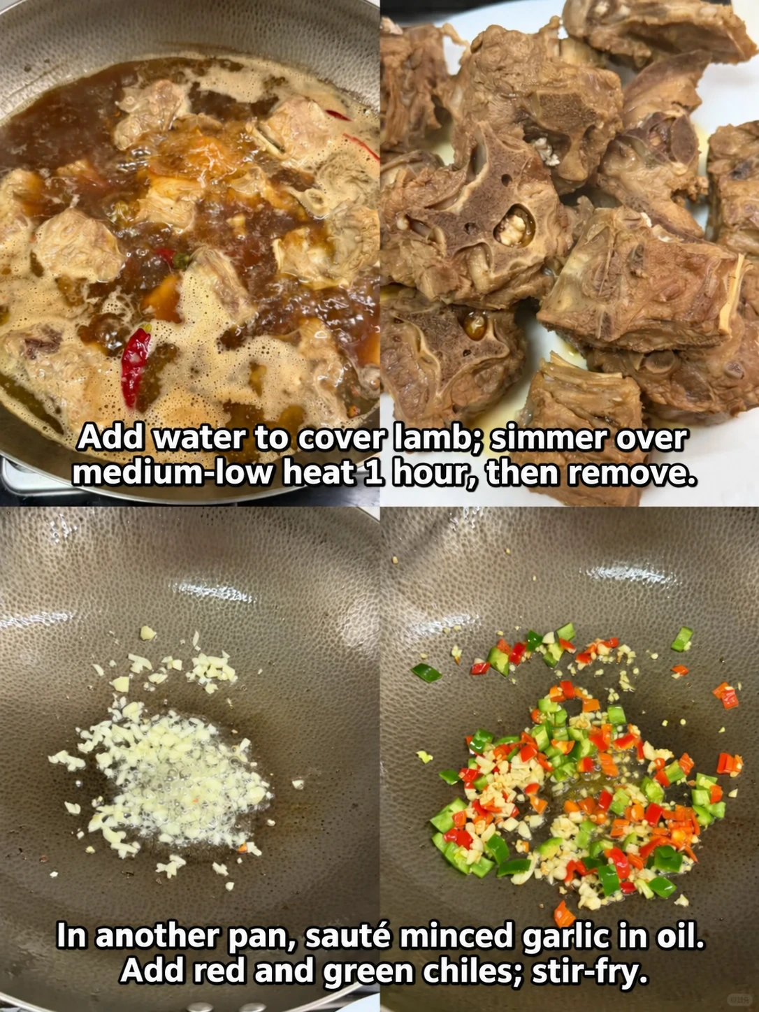 English-captioned photographs showing ingredient preparation and cooking for Typhoon Shelter-Style Lamb Spine.